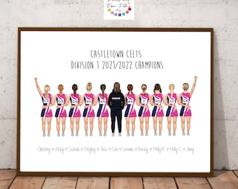 Team print, sports team picture, bespoke, clip art, coach gift, netball team, football team, hockey, volleyball, cheerleading, basketball