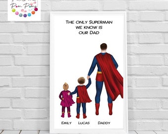 Superhero dad and kids print, Christmas gift, Birthday gift, Father’s Day print gift A4