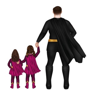 May include: A father dressed as a superhero with a black cape and gold belt stands with his two daughters, who are also dressed as superheroes. The daughters are wearing pink capes and gold belts. The text "WE HAVE A HERO, WE CALL HIM DADDY" is at the top of the image. The caption below the image reads "PENNY, EVIE, DADDY".