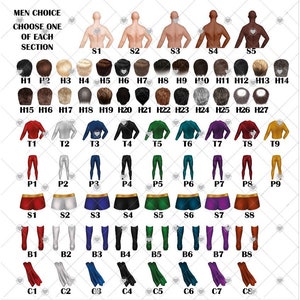 May include: A chart with different options for creating a superhero character. The chart is divided into sections labeled "Men Choice", "Choose One of Each Section", "S", "H", "T", "P", "S", "B", and "C". Each section has multiple options to choose from, such as different hairstyles, body types, and clothing.