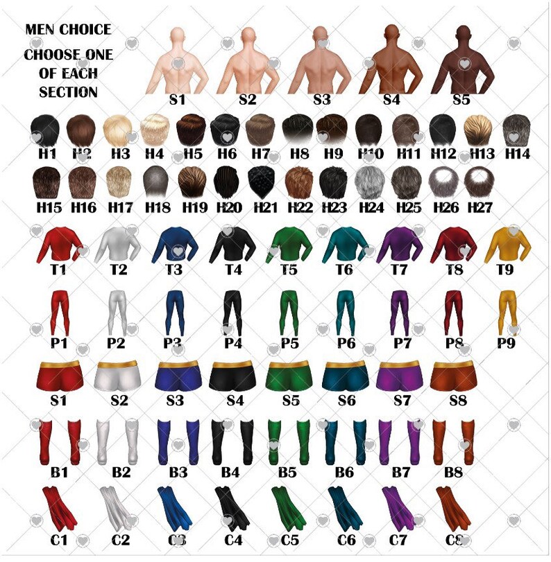 May include: A chart with different options for creating a superhero character. The chart is divided into sections labeled "Men Choice", "Choose One of Each Section", "S", "H", "T", "P", "S", "B", and "C". Each section has multiple options to choose from, such as different hairstyles, body types, and clothing.