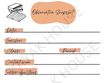 Puede incluir: Una plantilla de instantánea de observación imprimible con una ilustración dibujada a mano de una pila de libros. La plantilla incluye campos para la fecha, el profesor, la clase, el período, el área de contenido, los objetivos de la lección y los estándares.