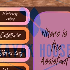 May include: A pink and purple sign with the text "Where is the House Assistant" in black text.  Below the sign are four rectangular buttons with different colored backgrounds and black text. The buttons read "Morning entry", "Cafeteria", "Observing", and "Library".