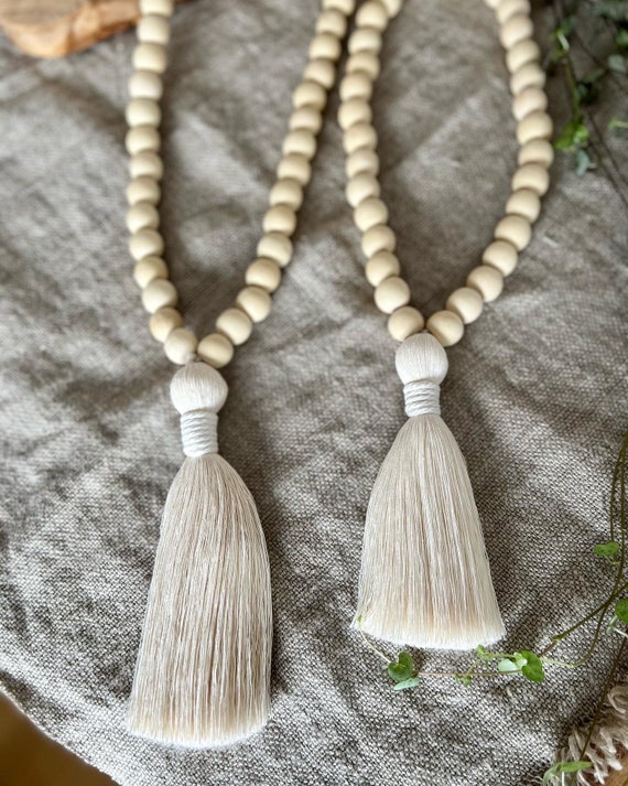 Wooden bead necklace with tassel clearance