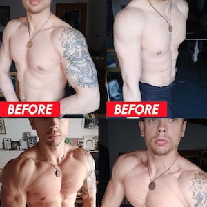 May include: A four-panel image showing a person's physique before and after a transformation. The "Before" images show a less muscular build, while the "After" images display a more defined physique. The text "BEFORE" and "AFTER" are in red and blue boxes.