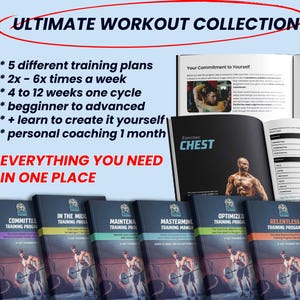 Könnte beinhalten: Eine Sammlung von Trainingsprogrammen mit dem Text "ULTIMATE WORKOUT COLLECTION". Das Bild zeigt mehrere Bücher mit Titeln wie "COMMITTED TRAINING PROGRAM" und "CHEST EXERCISES". Der Text erwähnt auch Trainingspläne, Zyklen und persönliches Coaching.