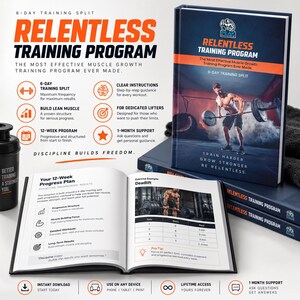 May include: A Relentless Training Program book with a dark blue cover featuring a weightlifter, alongside an open book displaying a 12-week progress plan, deadlift exercise table, and a black shaker bottle with text. The layout includes program details.