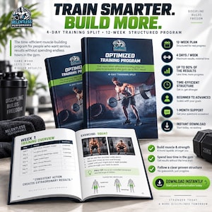 Peut inclure: Un guide de programme d'entraînement de 12 semaines intitulé Optimized Training Program, avec un fractionnement sur 4 jours. La couverture montre une personne soulevant une barre. Le livre ouvert affiche un aperçu de la semaine 1 et des squats.