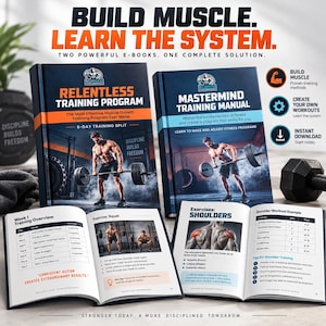 Può includere: Due e-book di fitness intitolati Relentless Training Program e Mastermind Training Manual, mostrati con due pagine aperte che mostrano programmi di allenamento, istruzioni per squat e diagrammi di esercizi per le spalle.