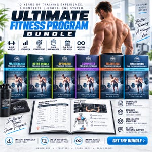 May include: A fitness program bundle featuring six e-books titled Maintenance, In The Middle, Optimized, Committed, Relentless, and Mastermind, alongside a shaker bottle, a branded wristband, and an open book displaying workout plan examples.