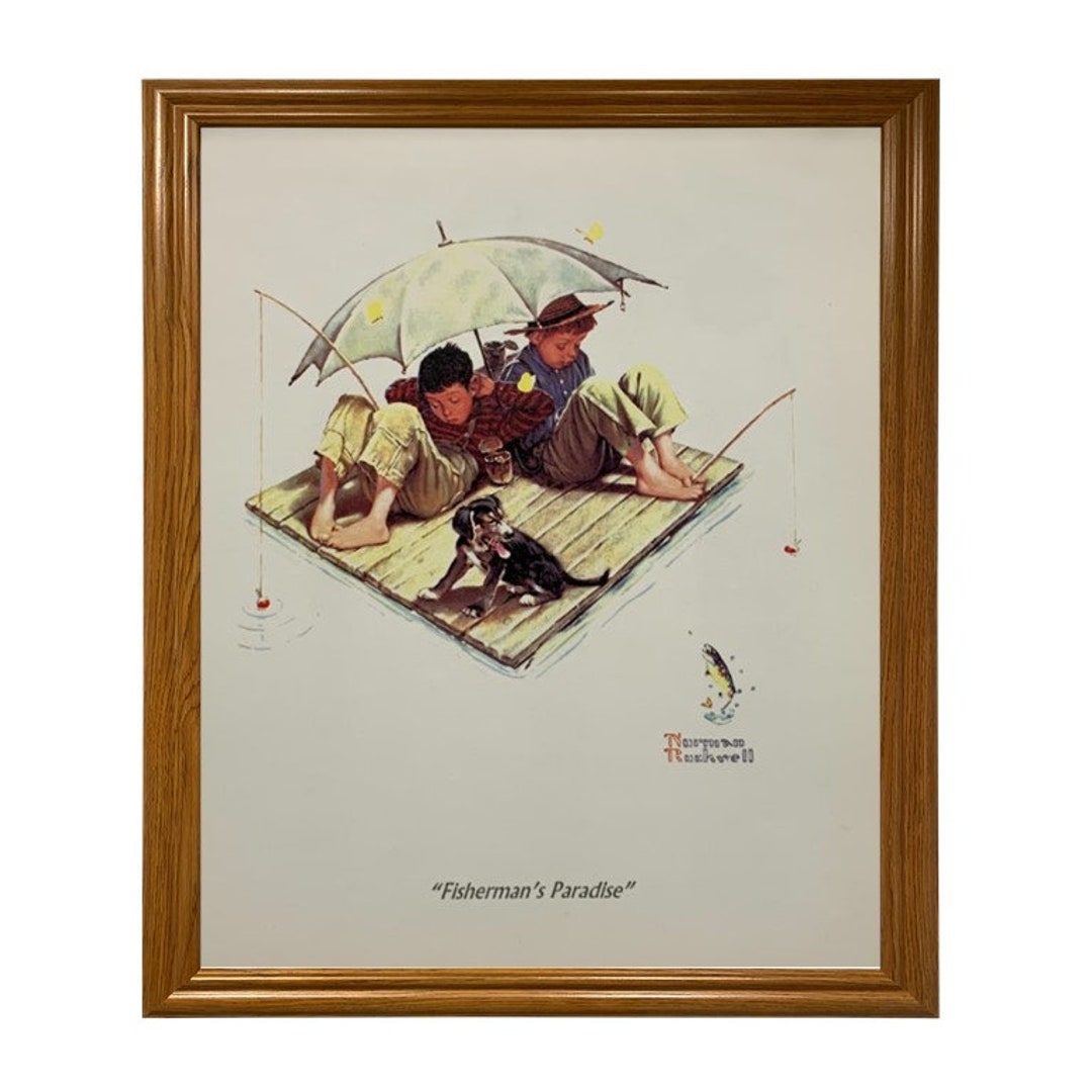 Norman Rockwell Fisherman's Paradise Rustic Art Framed Wood Framed