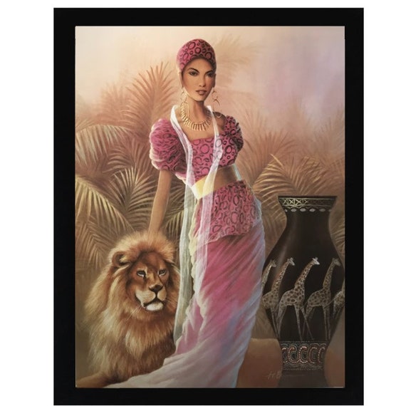 African American Woman With Lion Black Art Wood Framed Etsy