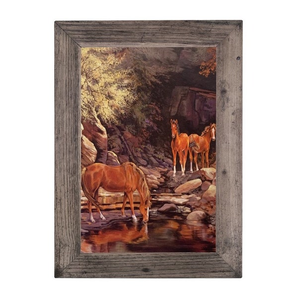 Horses Drinking Country Art Vintage Rustic Wood Framed Picture Print