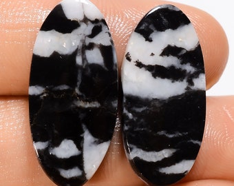 Fabulous Top Grade Quality 100% Natural Black Zebra Jasper Oval Shape Cabochon Gemstone Pair For Making Earrings 28 Ct. 26X12X3 mm HM-20755