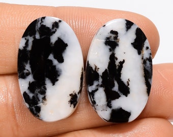 Exclusive Top Grade Quality 100% Natural Black Zebra Jasper Oval Shape Cabochon Gemstone Pair For Making Earrings 32.5 Ct 24X15X4mm HM-20697