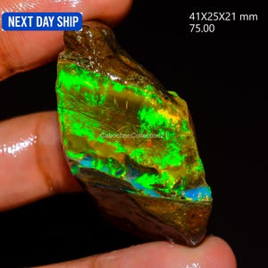 May include: A raw, unpolished opal gemstone featuring vibrant neon green and blue flashes against a dark, earthy brown matrix. The stone measures 41x25x21 mm and displays a natural, irregular shape with a glossy, wet-looking surface texture.