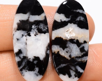 Tempting Top Grade Quality 100% Natural Black Zebra Jasper Oval Shape Cabochon Gemstone Pair For Making Earrings 25 Ct. 28X11X3 mm HM-20737