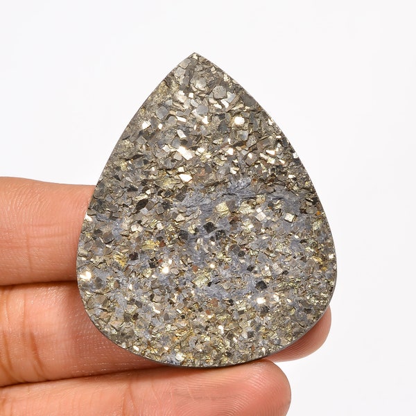 Amazing Top Grade Quality 100% Natural Pyrite Druzy Pear Shape Cabochon Loose Gemstone For Making Jewelry 180.5 Ct. 49X40X8 mm HM-12448