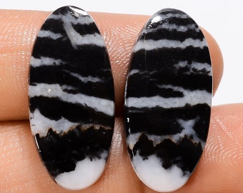 Awesome Top Grade Quality 100% Natural Black Zebra Jasper Oval Shape Cabochon Gemstone Pair For Making Earrings 24.5 Ct. 24X11X4 mm HM-20660