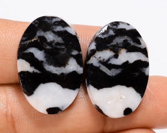 Amazing Top Grade Quality 100% Natural Black Zebra Jasper Oval Shape Cabochon Gemstone Pair For Making Earrings 34.5 Ct. 24X16X4 mm HM-20686