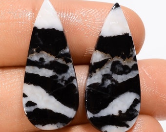 Elegant Top Grade Quality 100% Natural Black Zebra Jasper Pear Shape Cabochon Gemstone Pair For Making Earrings 24 Ct. 28X12X3 mm HM-20754