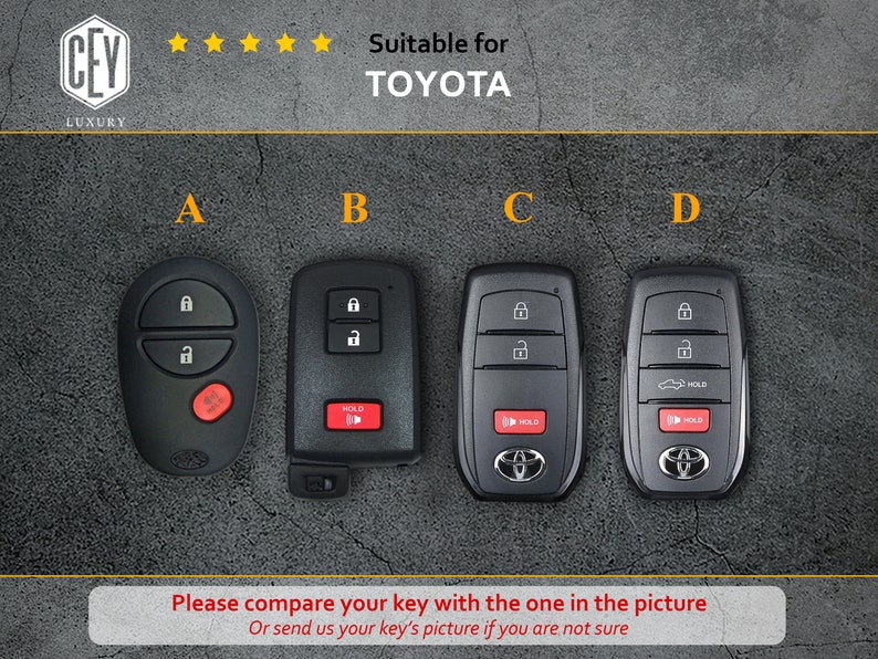May include: Four different styles of black car key fobs with silver buttons and a Toyota logo. The key fobs are labeled A, B, C, and D. The text "Suitable for TOYOTA" is at the top of the image. The text "Please compare your key with the one in the picture. Or send us your key's picture if you are not sure" is at the bottom of the image.