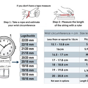 May include: A chart showing wrist circumference measurements in centimeters and corresponding watch strap sizes in millimeters. The chart includes sizes for both lugs and buckles. The chart also includes a diagram of a watch with the lug and buckle measurements labeled.