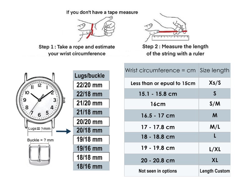 May include: A chart showing wrist circumference measurements in centimeters and corresponding watch strap sizes in millimeters. The chart includes sizes for both lugs and buckles. The chart also includes a diagram of a watch with the lug and buckle measurements labeled.