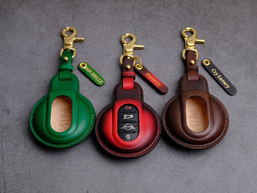 Custodia Chiave Auto In Pelle HIBEYO Per BMW Mini Cooper (F54 F55 F56 F57 F60) - Portachiavi A 3 Pulsanti, Rosso