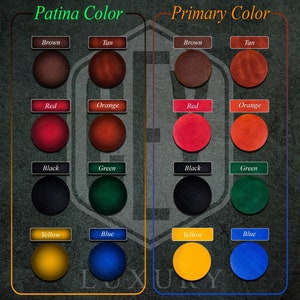 May include: A chart showing different patina and primary colors for leather goods. The colors include brown, tan, red, orange, black, green, yellow, and blue.