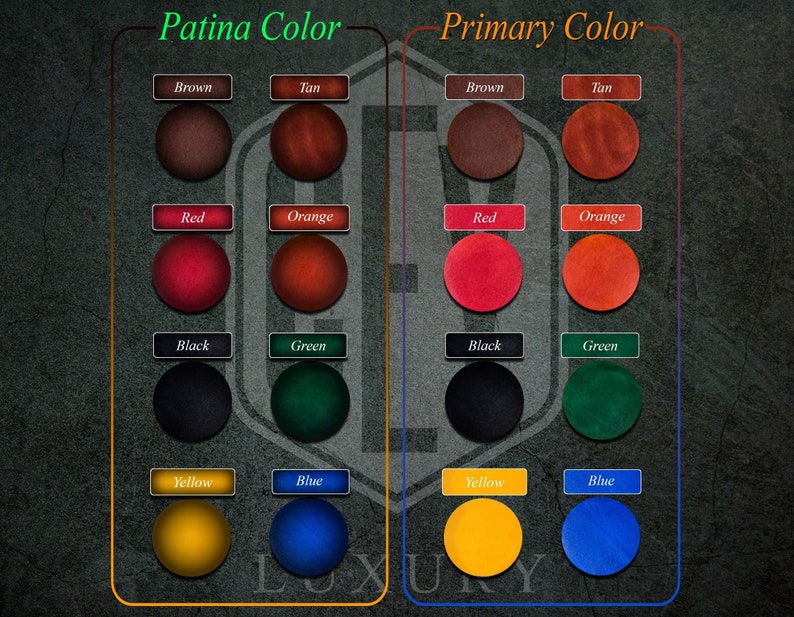 May include: A chart showing different patina and primary colors for leather goods. The colors include brown, tan, red, orange, black, green, yellow, and blue.