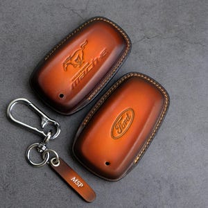 Mustang Mach E Personalized Leather Key Fob Cover For GT Performance, Premium, California Route 1, Mach 1, Coyote, EcoBoost, Gift For Dad
