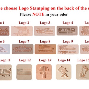 May include: A selection of 15 different logo designs for stamping on the back of a cover. The logos include a variety of designs, including a mountain range, a dinosaur, a truck, a flag, and a skull. The text "Please choose Logo Stamping on the back of the cover Please NOTE in your oder" is at the top of the image.