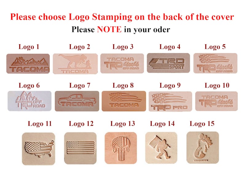 May include: A selection of 15 different logo designs for stamping on the back of a cover. The logos include a variety of designs, including a mountain range, a dinosaur, a truck, a flag, and a skull. The text "Please choose Logo Stamping on the back of the cover Please NOTE in your oder" is at the top of the image.