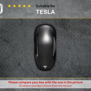 Puede incluir: Llavero de coche Tesla negro con el logotipo de Tesla en la parte delantera. El llavero est&aacute; sobre una superficie gris texturizada. "Por favor, compara tu llave con la de la imagen. O env&iacute;anos una foto de tu llave si no est&aacute;s seguro." est&aacute; escrito debajo del llavero.