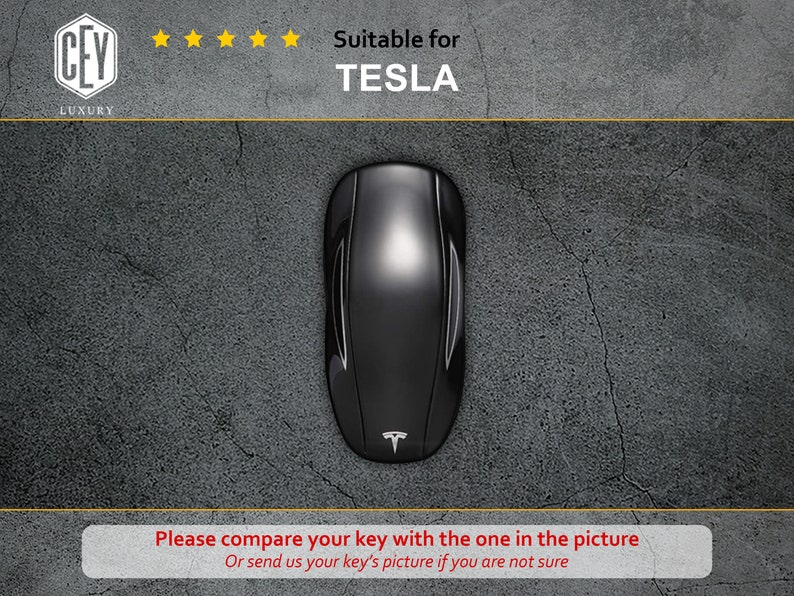 Puede incluir: Llavero de coche Tesla negro con el logotipo de Tesla en la parte delantera. El llavero est&aacute; sobre una superficie gris texturizada. "Por favor, compara tu llave con la de la imagen. O env&iacute;anos una foto de tu llave si no est&aacute;s seguro." est&aacute; escrito debajo del llavero.