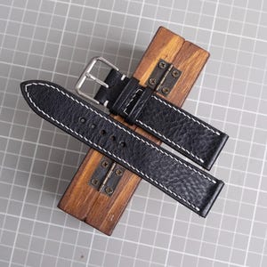 Black Leather Watch Band With White Stitching, Custom all size 16mm 18mm 19mm 20mm 21mm 22mm, Choice of Width, Gift For Dad