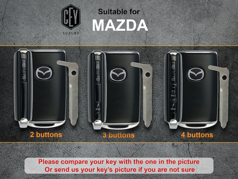 May include: Three black car key fobs with different button configurations: 2 buttons, 3 buttons, and 4 buttons. Each key fob has a silver Mazda logo and a silver key blade. The text "Suitable for MAZDA" is at the top of the image.