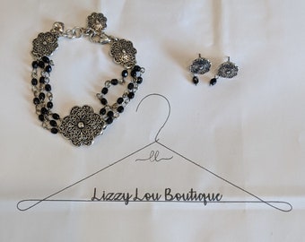 Genuine Brighton silver scroll filigree flowers w/black beads multi strand bracelet & earrings set