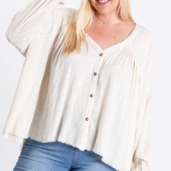 Plus size pleated button down long sleeve top. - image 1