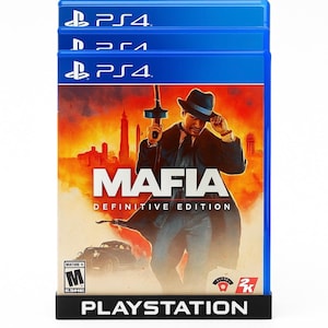 May include: Three PS4 game cases stacked in a black display stand. The game cases are blue with the PS4 logo at the top. The game title "Mafia: Definitive Edition" is displayed on the front, featuring a man in a fedora holding a Tommy gun.