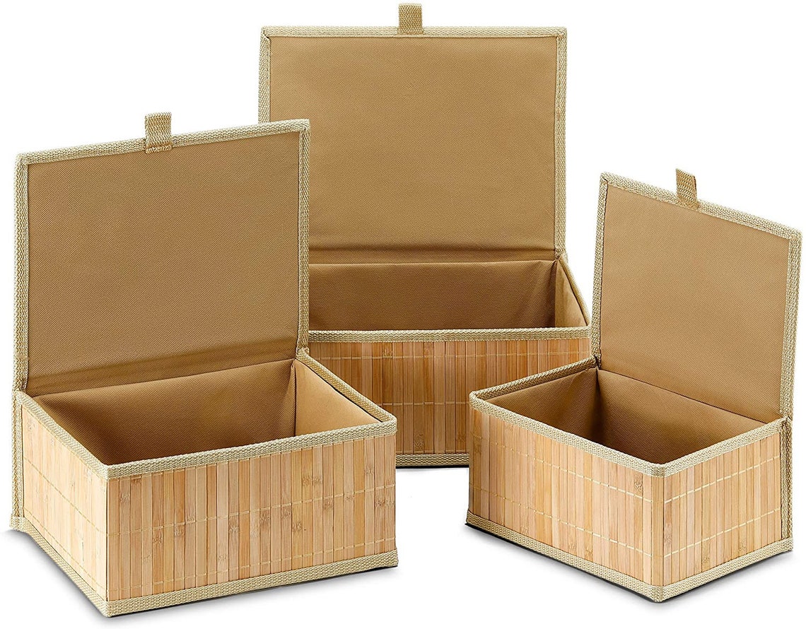 Set of 3 Storage Baskets with Lids Bamboo Decorative Storage Etsy