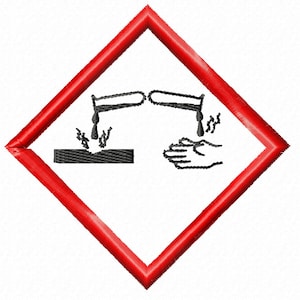 May include: Red diamond-shaped warning sign with a black symbol depicting two beakers pouring liquid onto a surface, causing a reaction, and a hand washing under a stream of liquid. The sign indicates a corrosive substance.