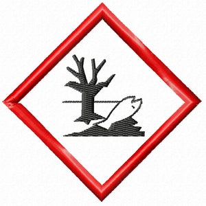 May include: A red diamond-shaped warning sign with a black and white symbol of a dead tree and a fish. The symbol indicates environmental hazard.