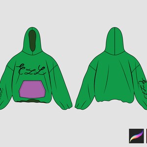 May include: Green hooded sweatshirt with a purple pocket and the word "EZZL" written in black on the front and sleeves.