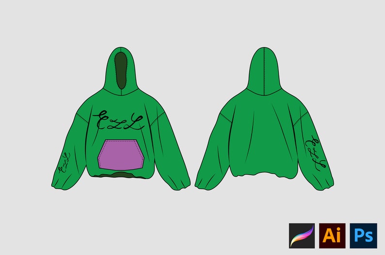 May include: Green hooded sweatshirt with a purple pocket and the word "EZZL" written in black on the front and sleeves.