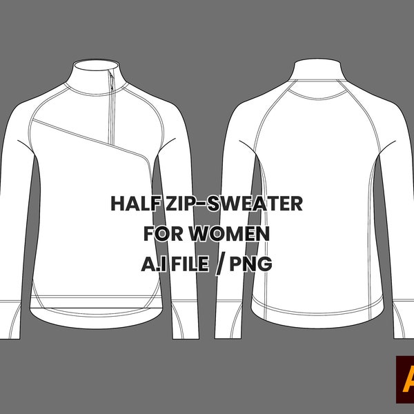 Activewear Half Zip-Sweater for women Technical Drawing Fashion Mockup Vector Procreate, PNG, Digital Clothing Template Sketch Tech Pack