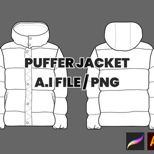 May include: A black and white line drawing of a puffer jacket with a hood. The jacket has a zipper closure and multiple pockets. The text "PUFFER JACKET A.I FILE/PNG" is written in black on the image.