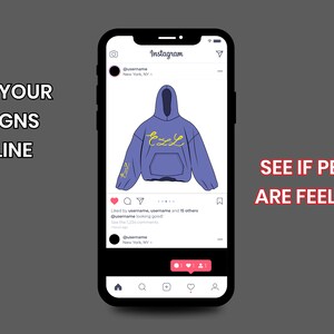 May include: A blue hooded sweatshirt with a yellow design that says "Cozy" on the front. The sweatshirt is shown on a mock-up of an Instagram post.