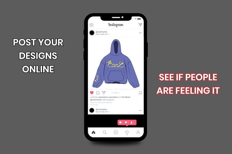May include: A blue hooded sweatshirt with a yellow design that says "Cozy" on the front. The sweatshirt is shown on a mock-up of an Instagram post.